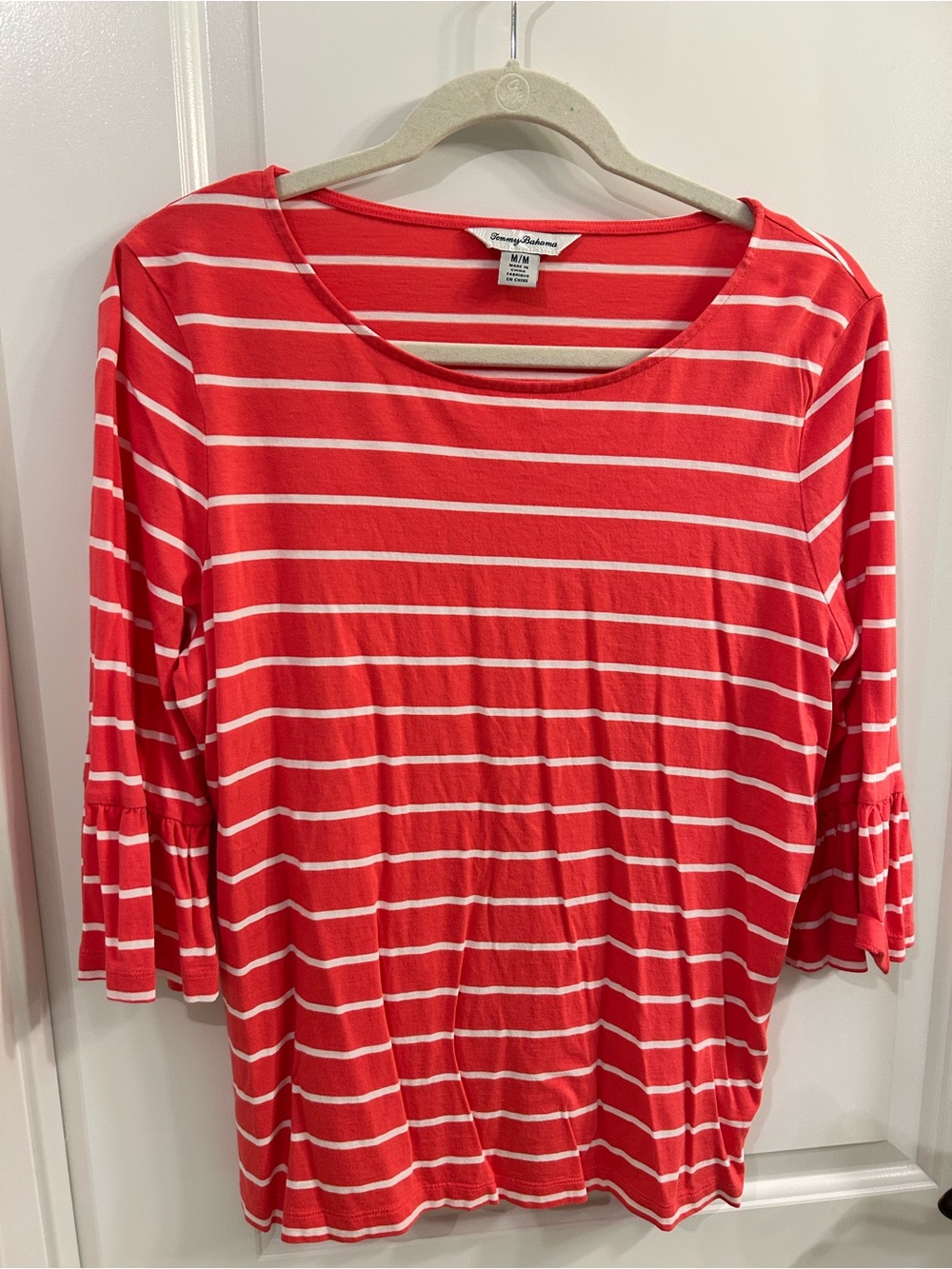 Tommy Bahama Coral-Red & White Striped Scoop Neck Ruffle Sleeve Top